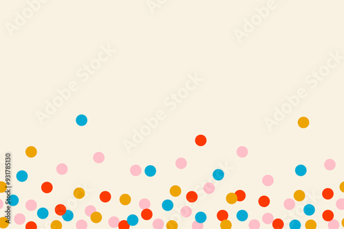 Seamless abstract pattern, background of multicolor falling confetti, polka dots on a light background, flat style, copy space