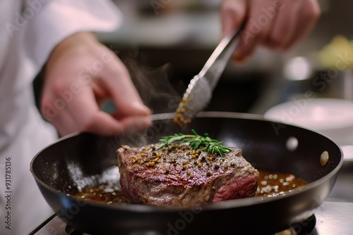 chef preparing Steak au Poivre in a professional kitchen, capturing the process of seasoning the steak and creating the sauce, with a focus on the craftsmanship and delicious aroma