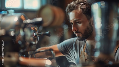 Young man coffee roaster working in roastery coffee roasting in specialty coffee roastery : Generative AI