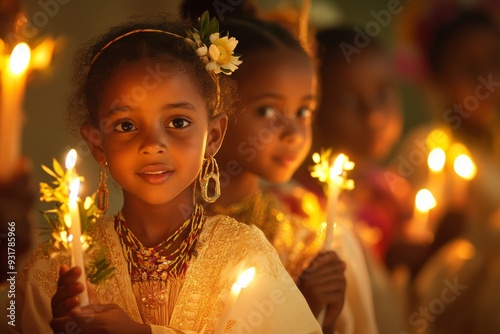 girls in traditional Ethiopian clothing, holding small candles and Meskel flowers, participating in a New Year's procession ritual, with warm, golden lighting capturing the festive spirit photo