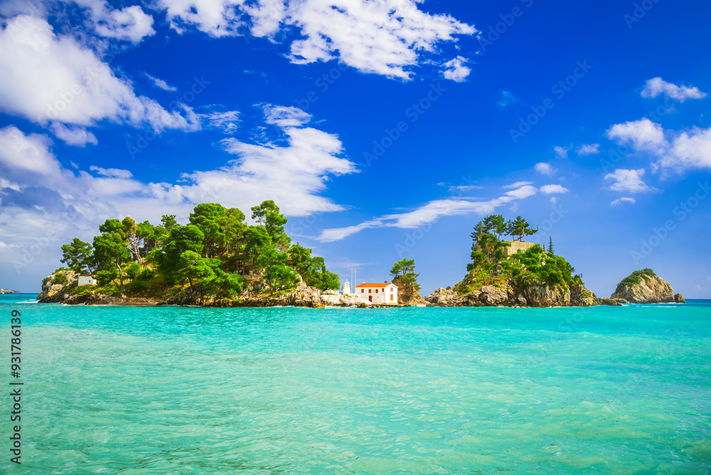 Parga, Greece. Beautiful turquoise waters on coastal town of Epirus, Greek holidays.