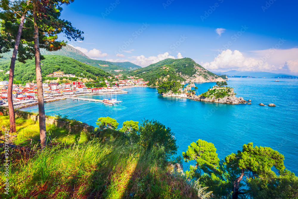 Parga, Greece. Aerial view of beautiful colorful coastal town in Epirus, Greek holidays.