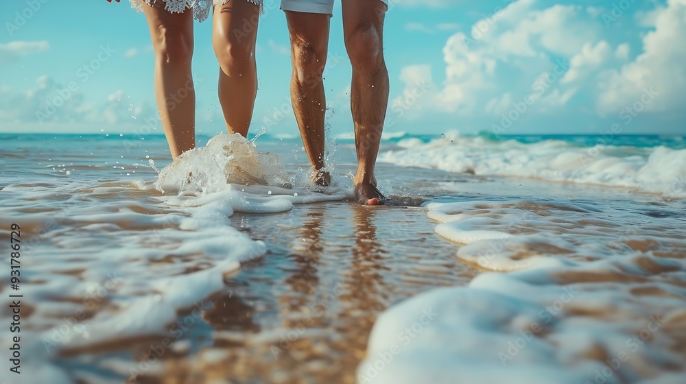 Fototapeta premium Couple beach and holding hands in running happy and holiday for vacation ocean and cropped shot Romantic summer and travel bonding and sea or outdoor sand and romance in miami for hone : Generative AI