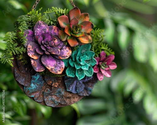 Upcycled garden decor, showcasing resourcefulness and beauty close up garden art whimsical Fusion garden backdrop photo