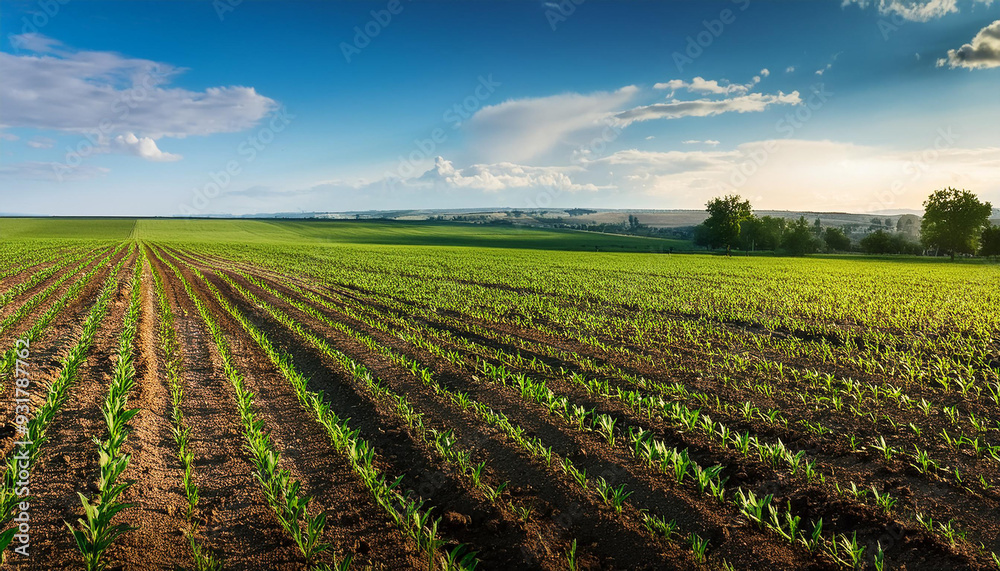 Lush young crops flourishing in a vast expanse. Lush young crops flourishing in a vast expanse.