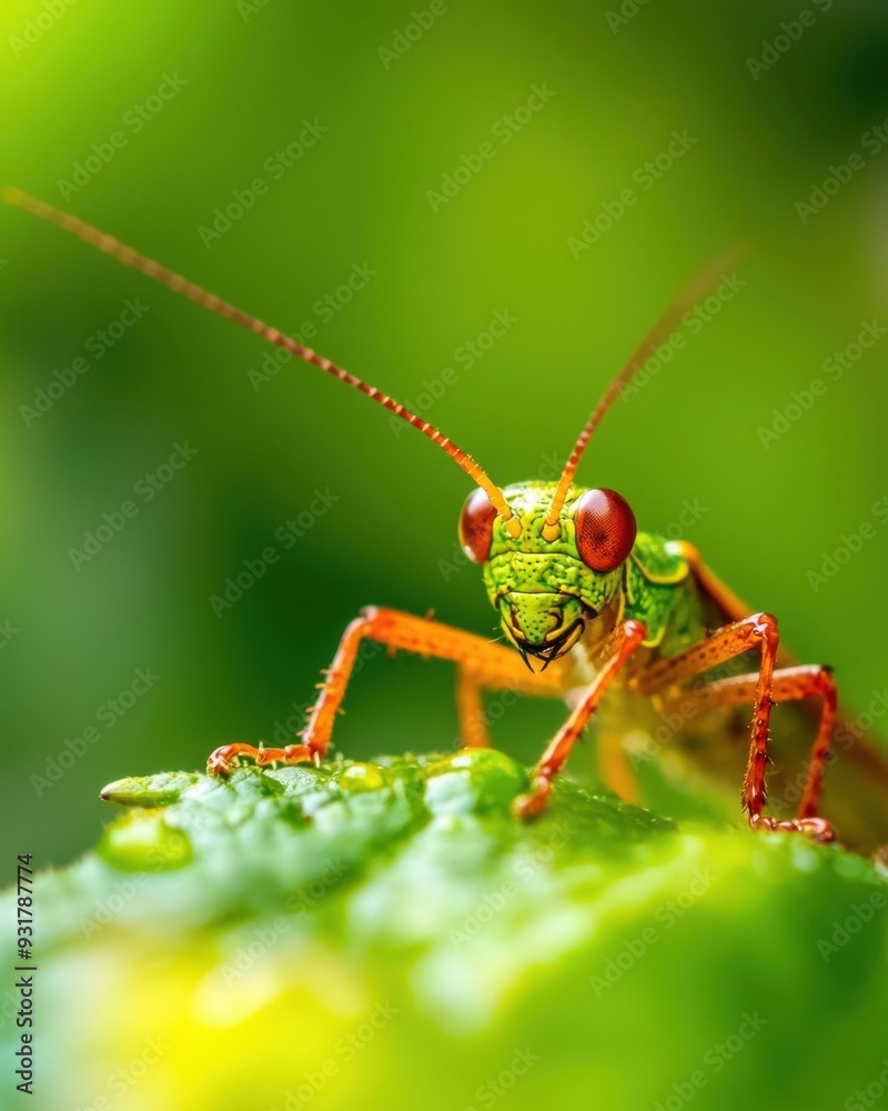 A close-up image of a vibrant green grasshopper resting on a leaf, showcasing its detailed features and vivid colors.