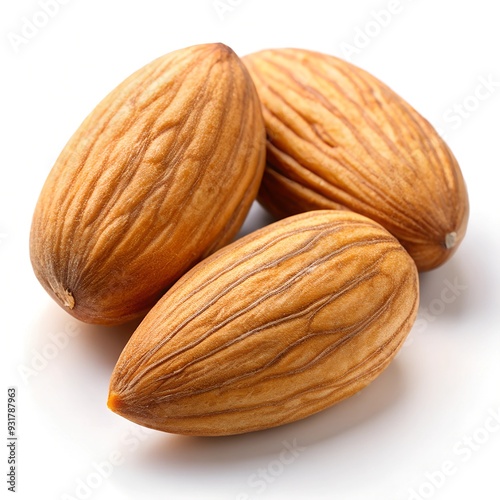 Close-up of three almonds, isolated on white background photo