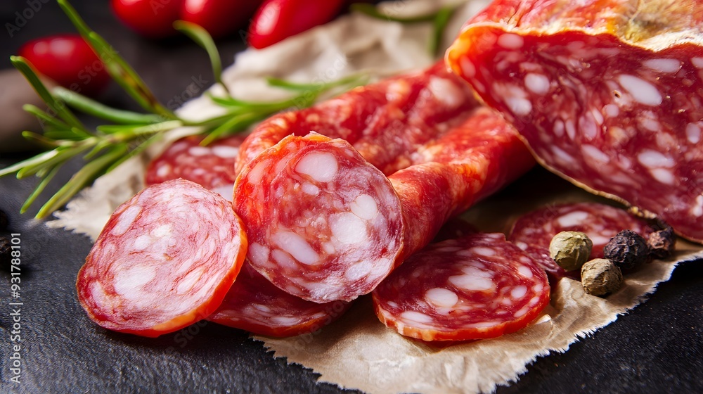 Close-up of sliced salami on parchment paper with peppercorns. Close-up of sliced salami on parchment paper with peppercorns.