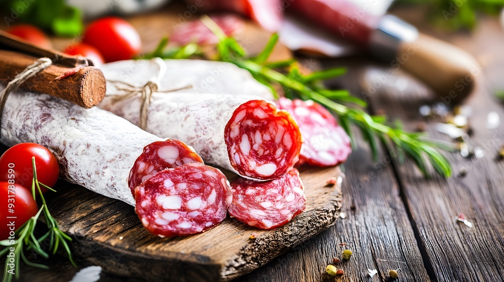 Close-up of thinly sliced salami on a wooden board. Close-up of thinly sliced salami on a wooden board.