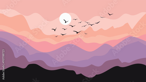 A minimalist sunset landscape with layered mountain silhouettes in soft pink, peach, and purple hues. The sun sets behind the mountains, and birds soar across the serene sky, creating a tranquil 