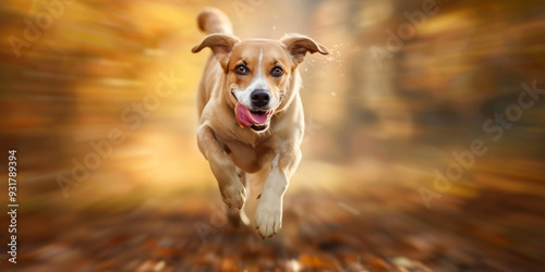 Fototapeta Naklejka Na Ścianę i Meble -  Front view of dog running in autumn park with speed motion blur. Blurred pet walking in forest. Yellow and orange fallen leaves around.