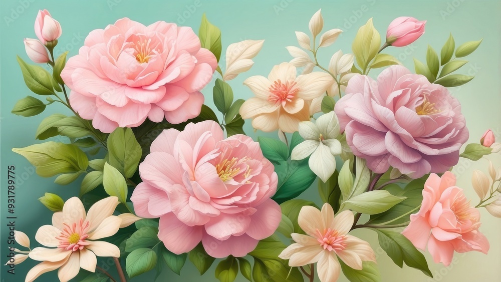 Soft pastel flowers with green leaves, fresh and springtime.x Soft pastel flowers with green leaves, fresh and springtime.x
