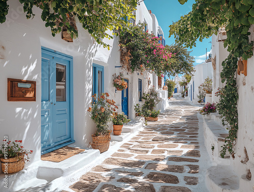 Fototapeta Naklejka Na Ścianę i Meble -   a charming scene in a Greek village, featuring a narrow cobblestone street with white houses and blue doors, lined with potted plants and flowers.