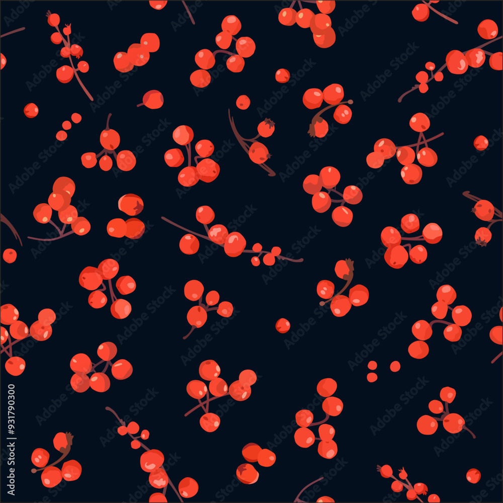 Vector seamless pattern with bright rowan berries on black background Vector seamless pattern with bright rowan berries on black background