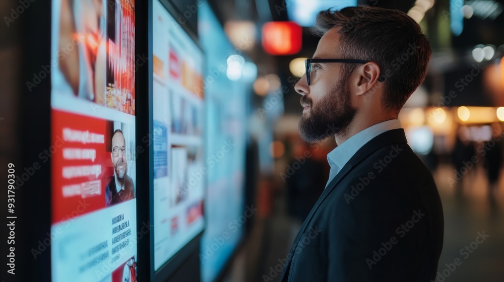 Young man standing at news message screen, presenting a news message with advertising content, realistic and attention-grabbing visual. Young man standing at news message screen, presenting a news message with advertising content, realistic and attention-grabbing visual.