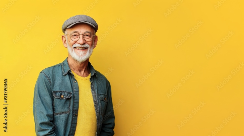 Elderly man with gray beard and hat smiling warmly. Bright yellow background adds vibrancy and happiness to scene. Elderly man with gray beard and hat smiling warmly. Bright yellow background adds vibrancy and happiness to scene.
