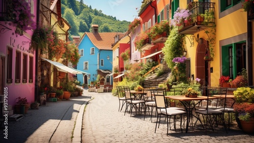 A charming European village square with cobblestone streets colorful buildings adorned with flowers outdoor cafes with people enjoying coffee and a lively market scene.