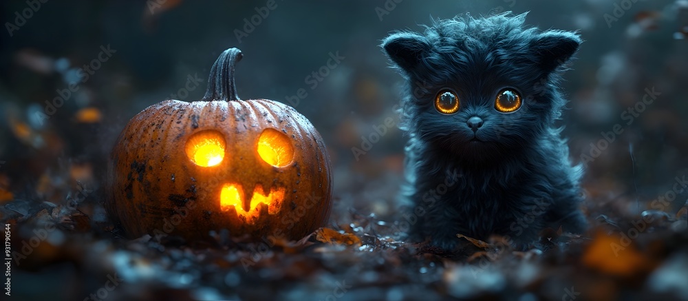 Haunting Halloween Pumpkin and Mysterious Black Goat Kitten in Eerie Autumn Darkness Haunting Halloween Pumpkin and Mysterious Black Goat Kitten in Eerie Autumn Darkness
