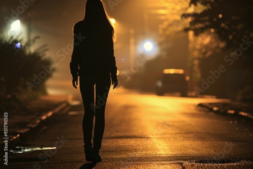 A young woman walks home alone at night on an empty street. The concept of fear of stalkers and physical harm.