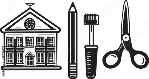 A clean vector icon set including a pencil, eraser, school building, and scissors 