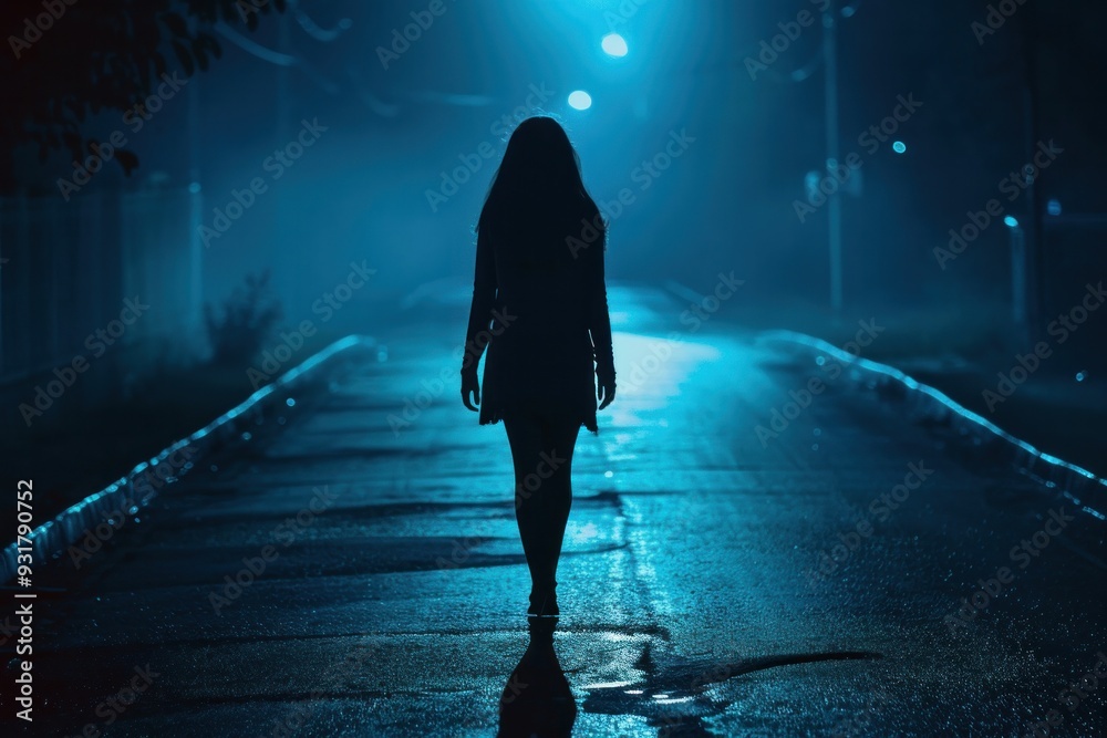 A young woman walks home alone at night on an empty street. The concept of fear of stalkers and physical harm.