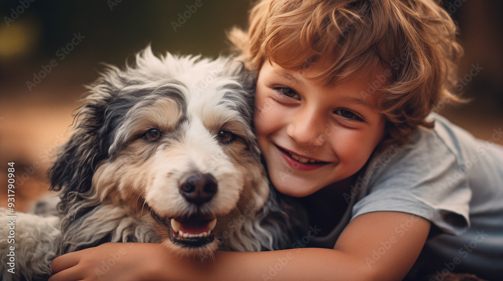 Cute Child Sleeping Peacefully with Golden Retriever, Heartwarming Pet and Boy Portrait Cute Child Sleeping Peacefully with Golden Retriever, Heartwarming Pet and Boy Portrait