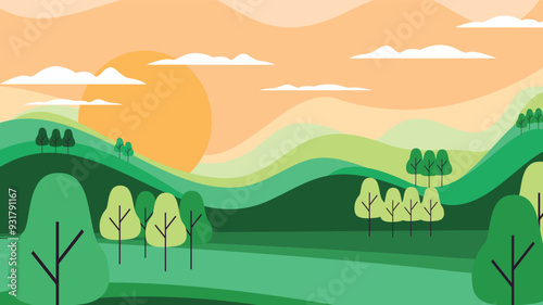 A serene landscape featuring rolling hills covered in various shades of green, symbolizing the lushness of nature. The large sun is setting or rising behind the hills, casting a warm orange 