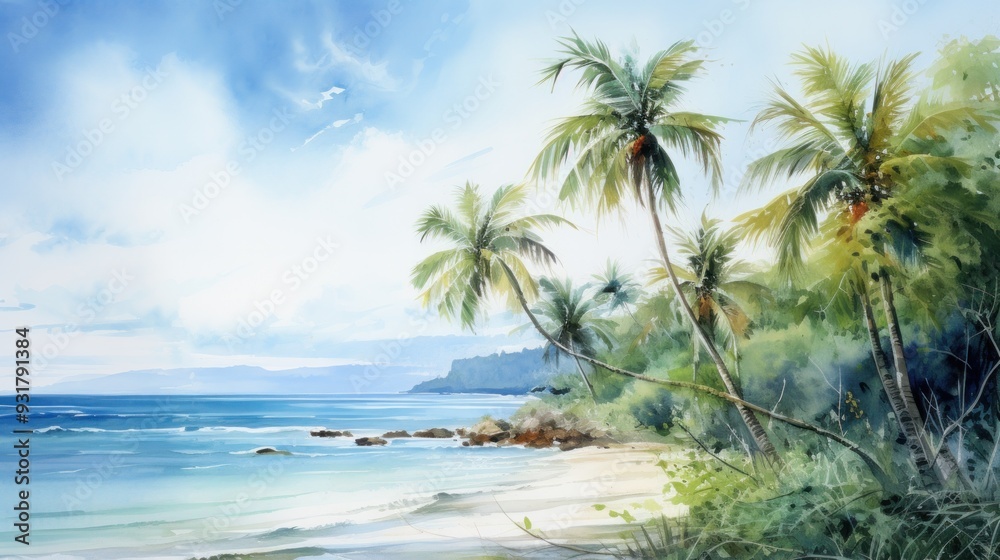 Fototapeta premium Palm trees on the beach with sea in the ocean. Watercolor painting
