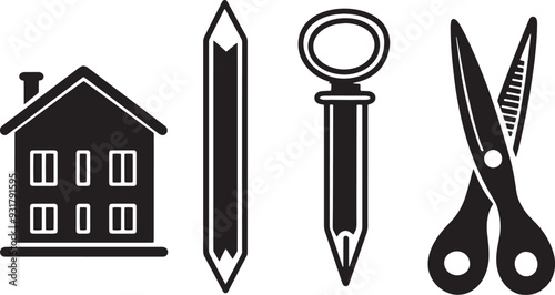 A clean vector icon set including a pencil, eraser, school building, and scissors 