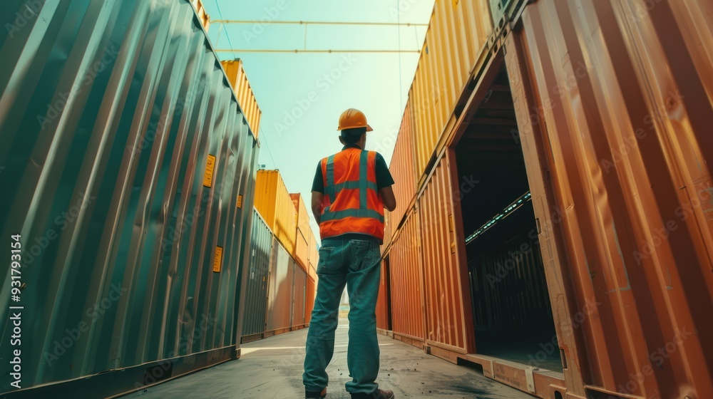 Worker inspecting cargo containers in a shipping yard Worker inspecting cargo containers in a shipping yard