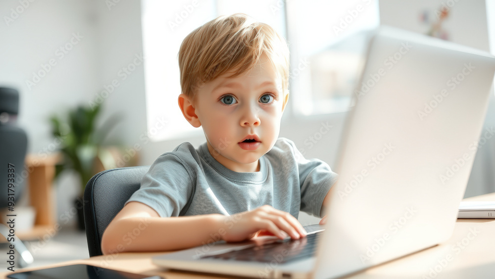 Young Boy Using Laptop with Curious Expression Young Boy Using Laptop with Curious Expression
