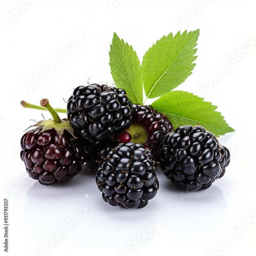 Fresh blackberries on the branch with green leaves isolated on white background