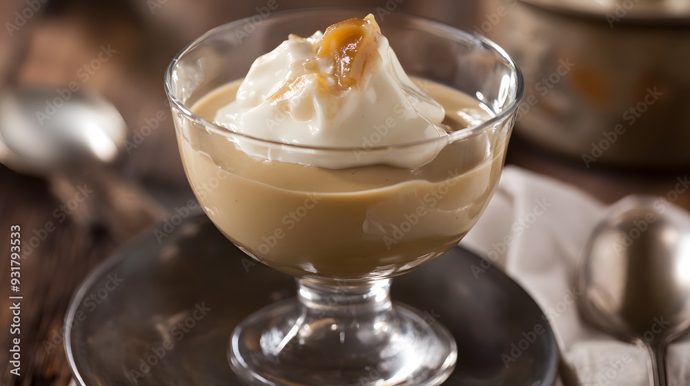 Closeup of a creamy coffee pudding topped with whipped cream and a caramel sauce. Closeup of a creamy coffee pudding topped with whipped cream and a caramel sauce.