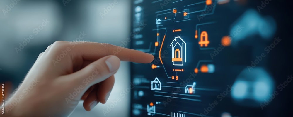 Fototapeta premium A hand interacting with a digital security interface, showcasing advanced technology for home protection.