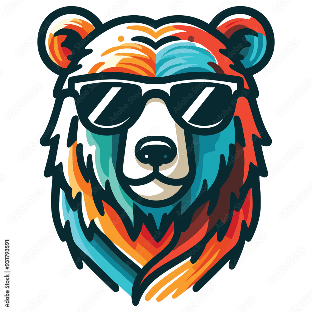 Naklejka premium Colorful abstract bear in sunglasses vector illustration on white background, ideal for t-shirts