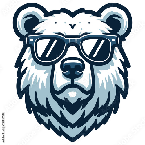 Cool bear illustration wearing sunglasses in shades of blue white background trendy logo design