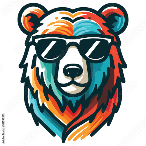 Colorful abstract bear in sunglasses vector illustration on white background, ideal for t-shirts