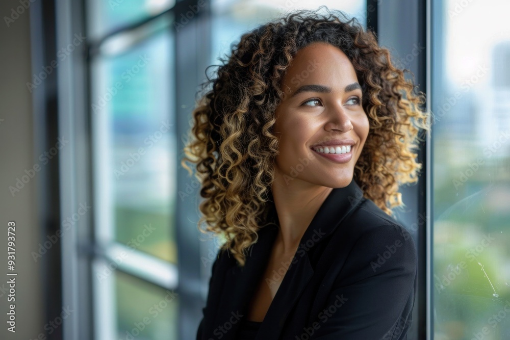 Beautiful and successful businesswoman in office smiling close-up and looking out the window