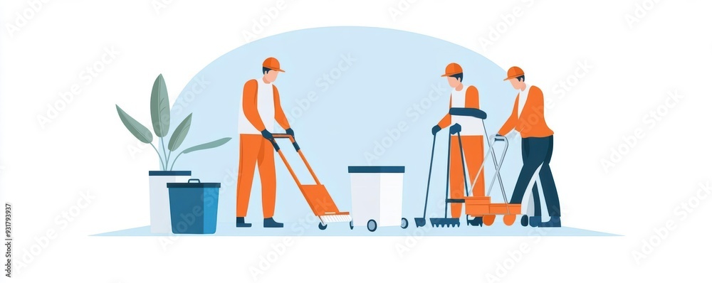 Three workers in orange uniforms performing cleaning tasks in a modern environment, showcasing teamwork and professionalism. Three workers in orange uniforms performing cleaning tasks in a modern environment, showcasing teamwork and professionalism.