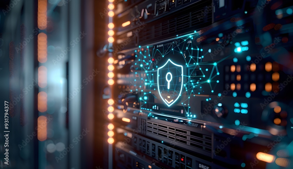 A close up of digital data storage with glowing symbols representing a shield and lock, set against the backdrop of dark server cabinets in an office environment. A close up of digital data storage with glowing symbols representing a shield and lock, set against the backdrop of dark server cabinets in an office environment.