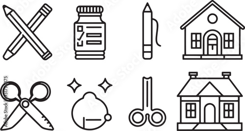 A clean vector icon set including a pencil, eraser, school building, and scissors 