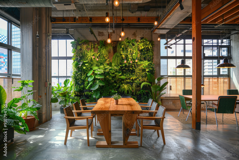 Bright and vibrant biophilic office workspace