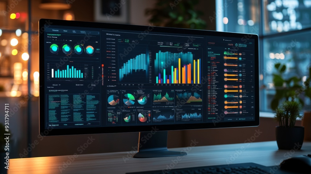 Financial Data Analysis Charts and Graphs on Computer Screen