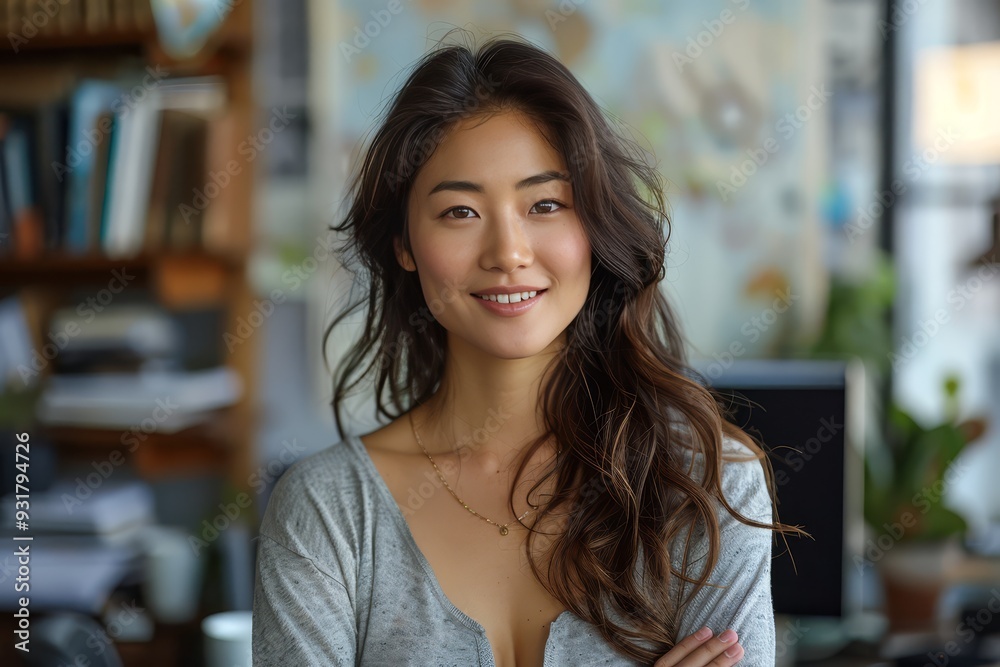 Asian woman standing in her modern office, smiling with arms crossed and wearing smart casual attire. Asian woman standing in her modern office, smiling with arms crossed and wearing smart casual attire.