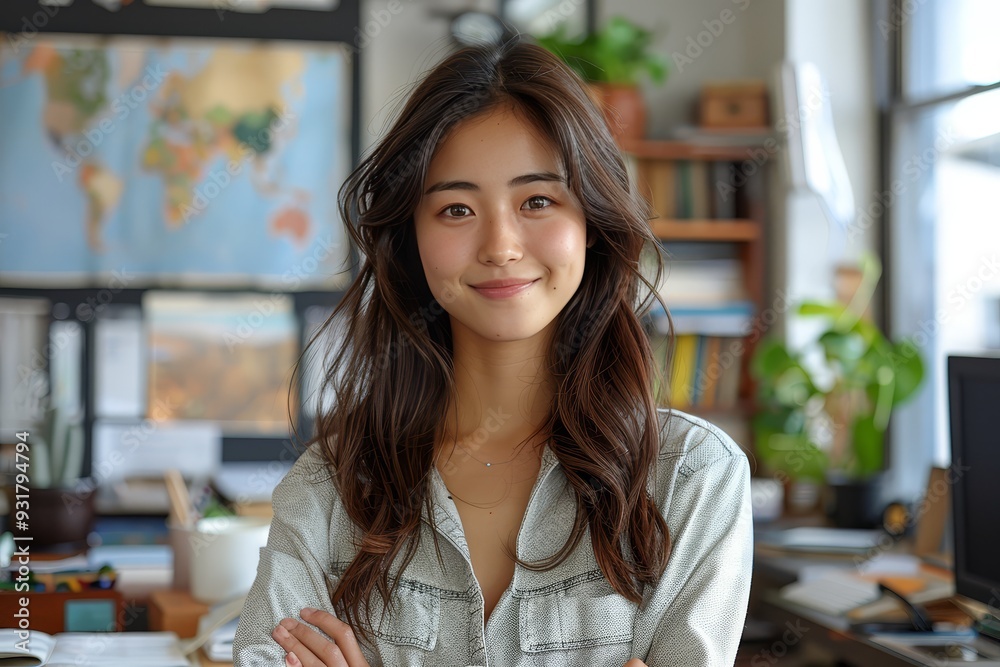 Asian woman standing in her modern office, smiling with arms crossed and wearing smart casual attire. Asian woman standing in her modern office, smiling with arms crossed and wearing smart casual attire.