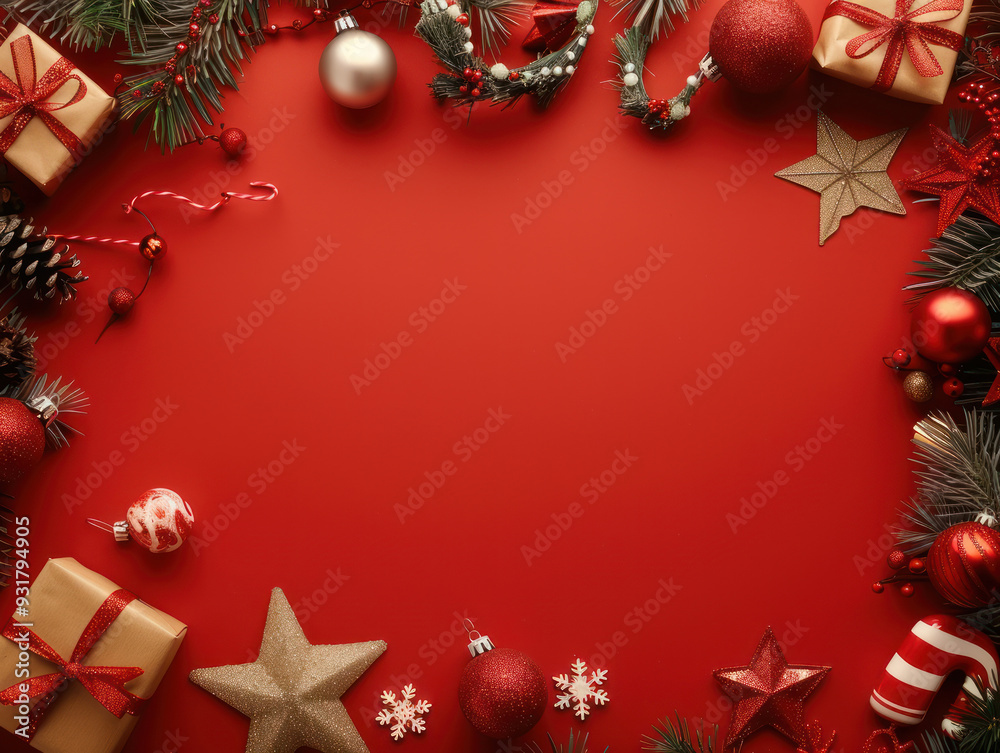Festive red background with Christmas decorations Festive red background with Christmas decorations