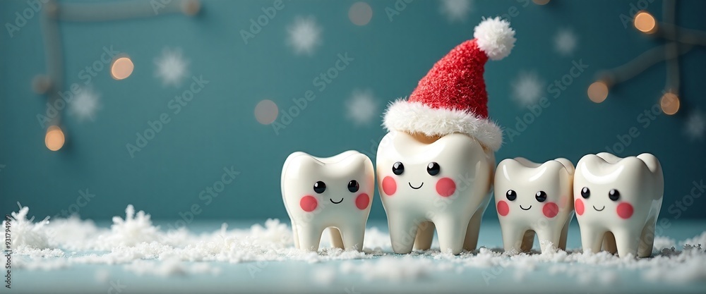 Cute Cartoon Teeth with Festive Christmas Hat Against Snowy Teal Background with Copy Space Cute Cartoon Teeth with Festive Christmas Hat Against Snowy Teal Background with Copy Space