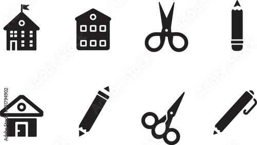 A clean vector icon set including a pencil, eraser, school building, and scissors 