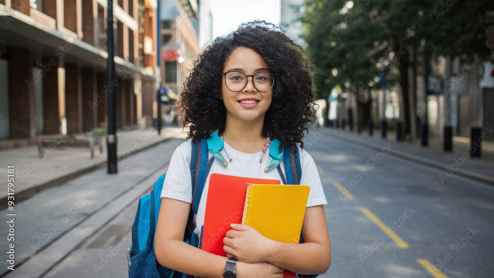 A smiling student holds notebooks and wears a backpack while standing on a city street with buildings and trees in the background. Education concept.