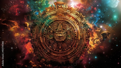 Wallpaper Mural Ancient Aztec calendar in outer space with vibrant nebula and celestial bodies background. Concepts of ancient civilizations, space exploration, and cosmic mysteries. Torontodigital.ca
